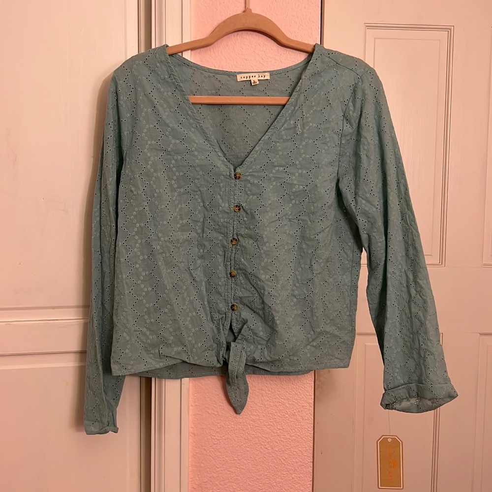 Teal eyelet button down top